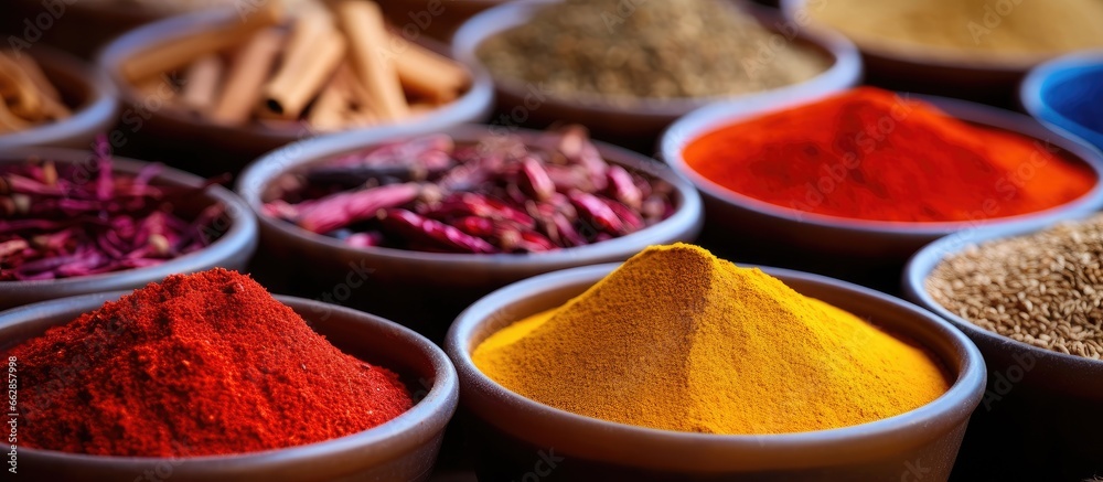 Close up of a market s spice mix with an oriental flair With copyspace for text - obrazy, fototapety, plakaty 