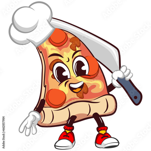 vector mascot character of a slice of pizza in a chef's hat carrying a knife