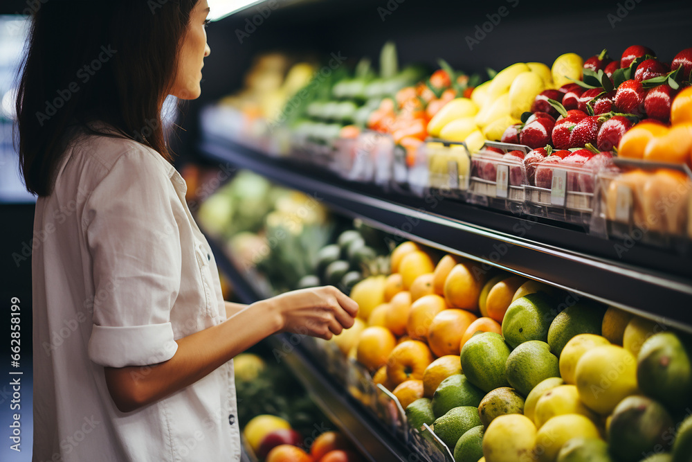 asian woman buying fruits in supermarket