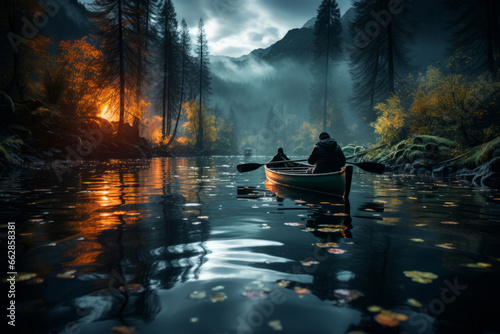 Enchanting Reflections: Nature's Beauty on Nocturnal Waters. Atmospheric forest reflects in tranquil water at night.