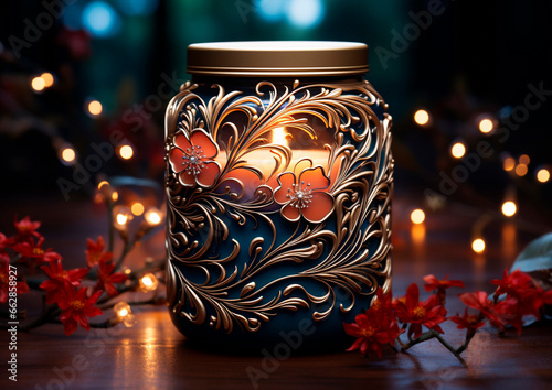 Lit candle with an elegant art deco style floral and gold ornament. Generated with AI
