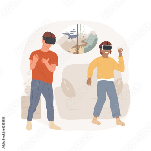Adventure isolated cartoon vector illustration. Teenage boys wearing virtual reality headsets at home, playing video games, plunging into adventure atmosphere, fantasy world vector cartoon.