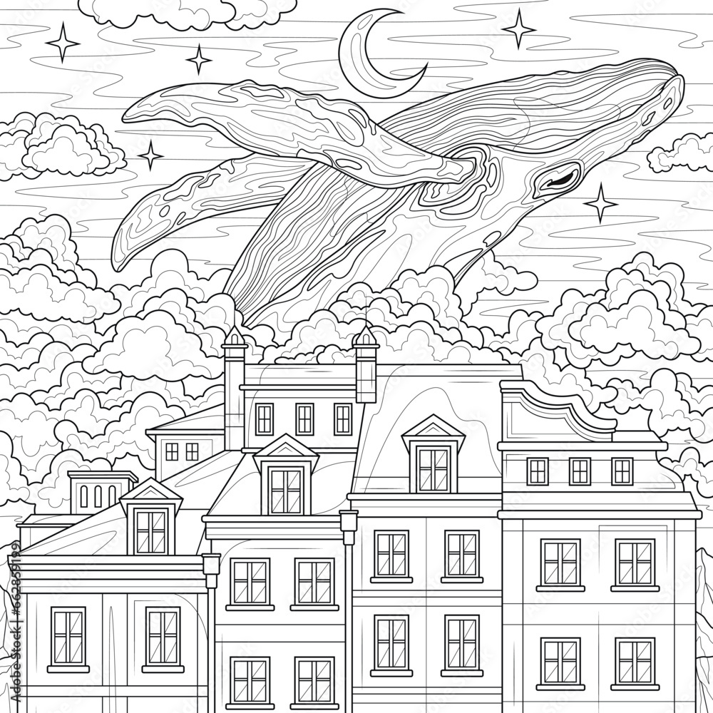 Whale floats in the sky.Coloring book antistress for children and adults. Illustration isolated on white background.Zen-tangle style. Hand draw