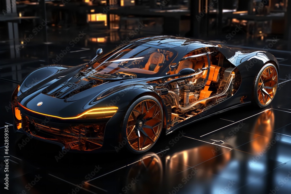 Voiture futuriste en 3D équipé de néon de couleur, supercars sport ultra rapide, véhicule du futur, aérodynamisme et adaptée pour des course
