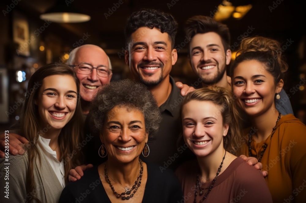 Groupe multiculturel d'homme et de femme, caucasien, afro et asiatique, souriant et joyeux 