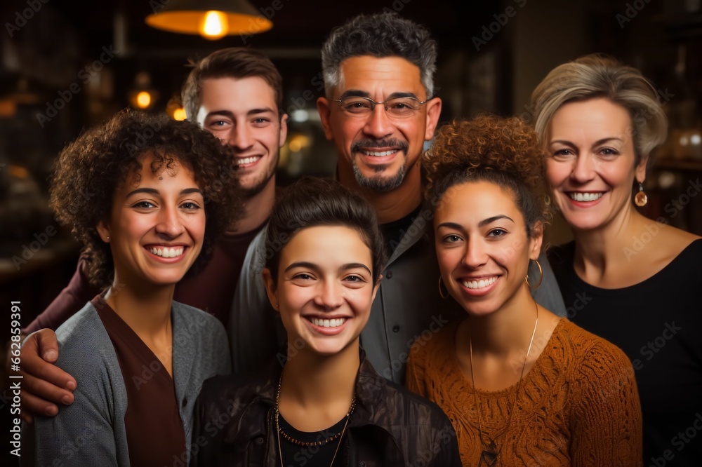 Groupe multiculturel d'homme et de femme, caucasien, afro et asiatique, souriant et joyeux 