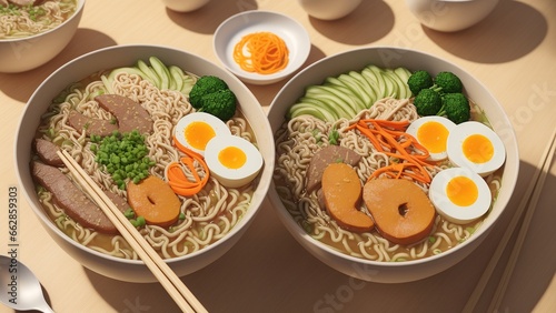 A Bowl Of Noodles With Meat, Vegetables, And Eggs