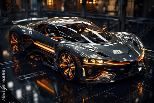 Voiture futuriste en 3D équipé de néon de couleur, supercars sport ultra rapide, véhicule du futur, aérodynamisme et adaptée pour des course photo