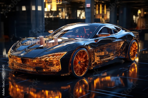 Voiture futuriste en 3D équipé de néon de couleur, supercars sport ultra rapide, véhicule du futur, aérodynamisme et adaptée pour des course © Johnny