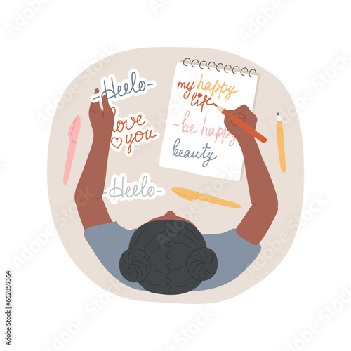 Making stickers isolated cartoon vector illustration. Teenager making stickers portrait, leisure time with benefit, quotes and pens, teens hobby, learning new skills vector cartoon.