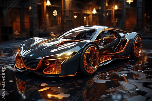 Voiture futuriste en 3D équipé de néon de couleur, supercars sport ultra rapide, véhicule du futur, aérodynamisme et adaptée pour des course © Johnny