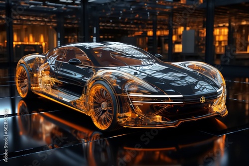 Voiture futuriste en 3D équipé de néon de couleur, supercars sport ultra rapide, véhicule du futur, aérodynamisme et adaptée pour des course