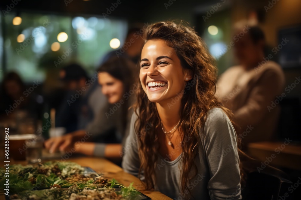 Portrait femme souriante entouré de ses amis dans un bar, restaurant, moment conviviale en groupe - obrazy, fototapety, plakaty 