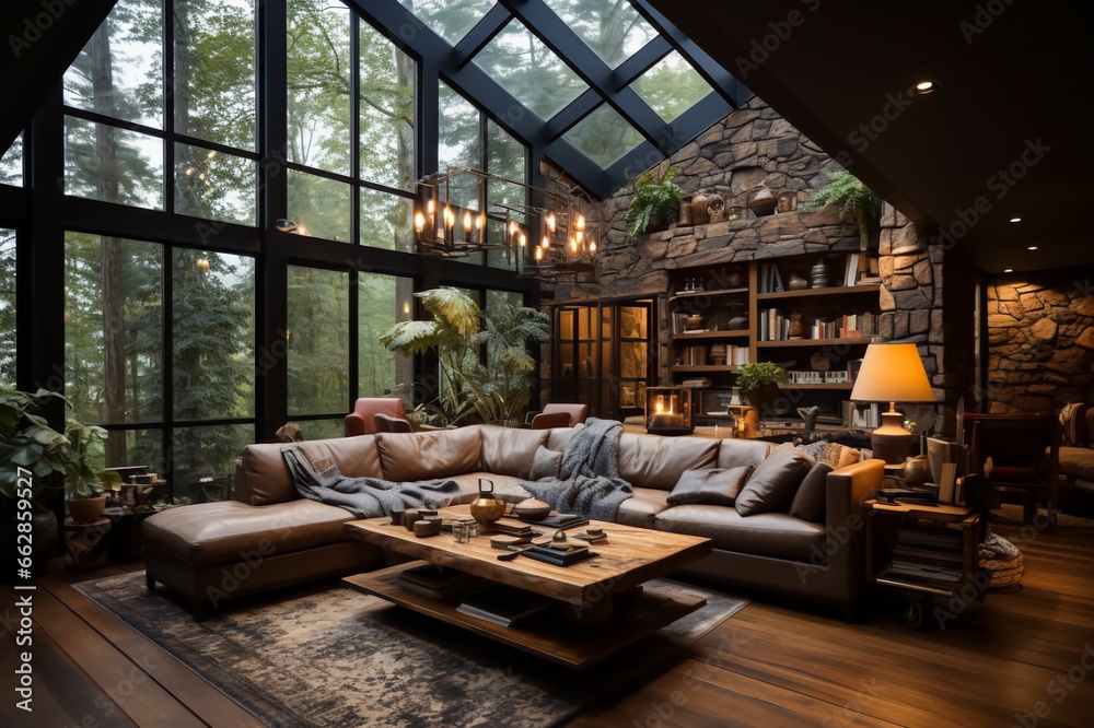 Intérieur de maison luxueuse, haute, grande hauteur sous plafond, baie ...