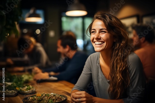 Portrait femme souriante entour   de ses amis dans un bar  restaurant  moment conviviale en groupe