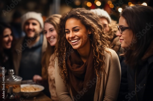 Portrait femme souriante entouré de ses amis dans un bar, restaurant, moment conviviale en groupe photo