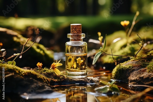 Flacon de parfums neutre sans marque dans la nature avec bouchon de liège poser au sol photo