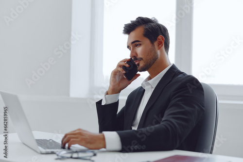 Businessman man talk smile phone office