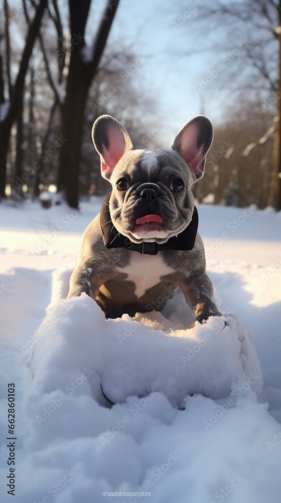 Portrait of a French Bulldog, snow on the ground, winter landscape in the background. Portrait of a French Bulldog, snow on the ground, winter landscape in the background.