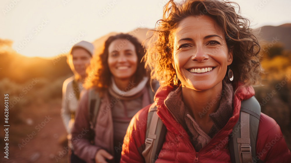 Group of senior women on a hike during sunset or sunrise. Healthy lifestyle concept. - obrazy, fototapety, plakaty 