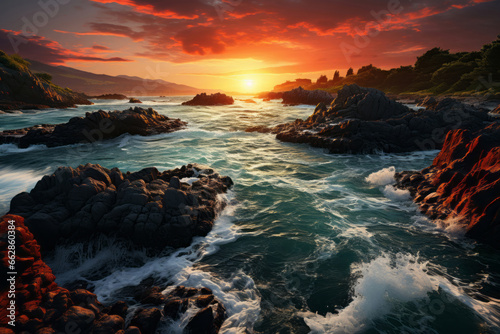 Coastal Sunset: Aerial Horizon with Beach, Rock, and Waves. Golden sunset over coastal landscape with rocky shore and windy ocean waves.