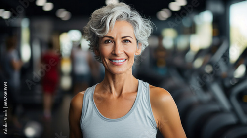 Senior female posing in gym. Confident smile. Looking at camera.Fit mature female posing in gym. Confident smile. Looking at camera.
