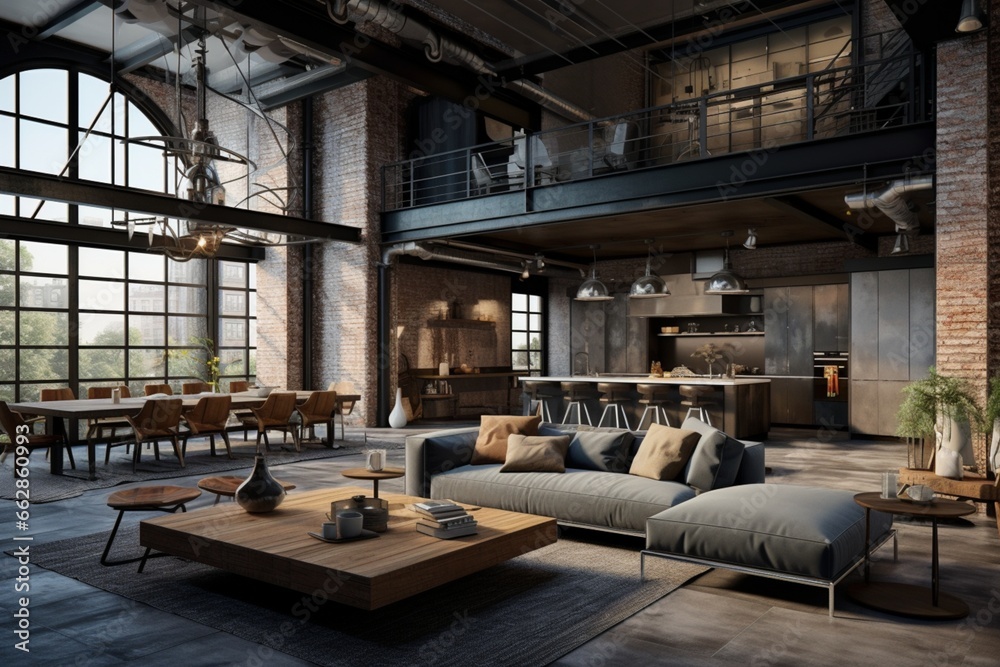 Plan an industrial-style loft apartment with an open floor plan