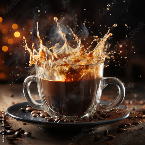 In a moody cafe setting  a hot cup of coffee takes center stage against a dark background. As a rich  aromatic cappuccino is poured into the cup  an action shot captures the dynamic moment.