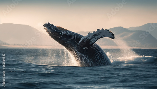 Majestic humpback whale breaches in blue sea, splashing water