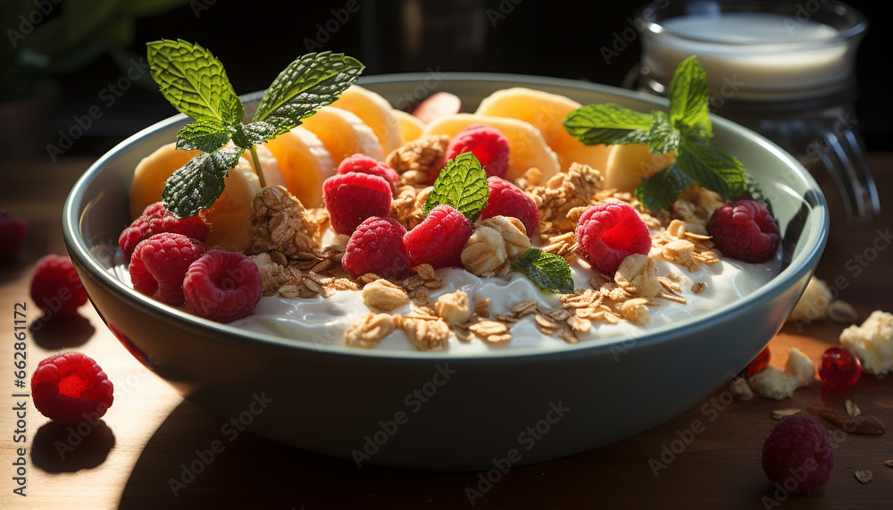 Freshness and sweetness in a bowl of raspberry yogurt parfait generated by AI Freshness and sweetness in a bowl of raspberry yogurt parfait generated by AI