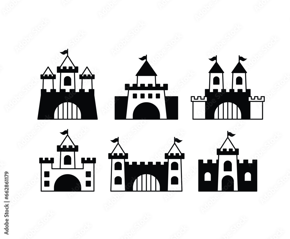 illustration of a castle medieval icon vector design collections isolated black white modern style