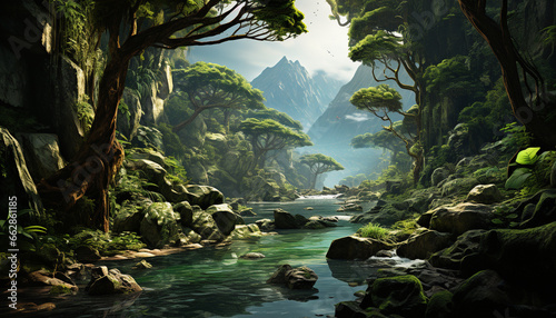 Tranquil scene of a tropical rainforest, adventure in nature beauty generated by AI