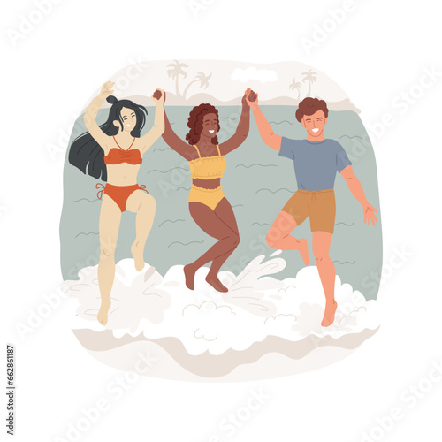 Go swimming isolated cartoon vector illustration. Hanging out and swimming in sea, friends splashing water, teens leisure time, group of active people running on beach vector cartoon.