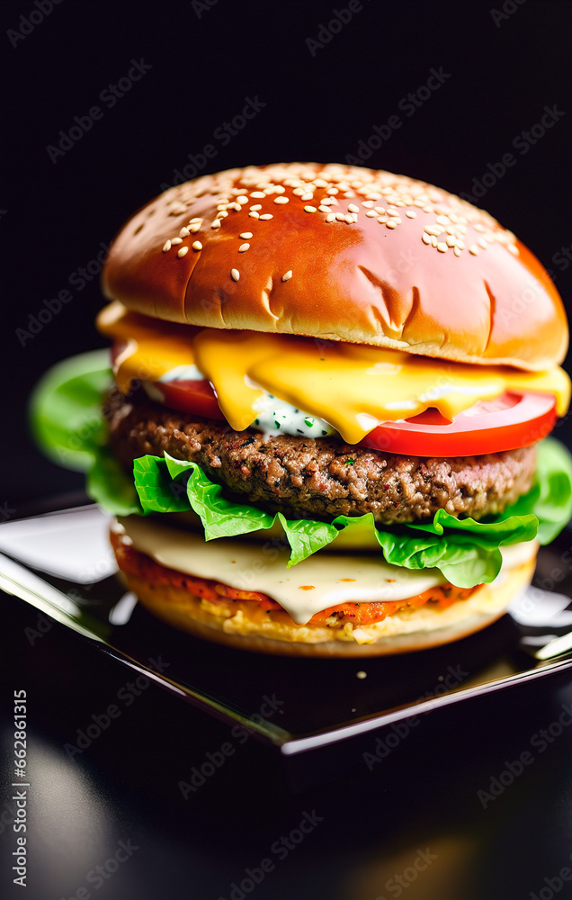 Appetizing hamburger with vegetables and meat and on black background Appetizing hamburger with vegetables and meat and on black background