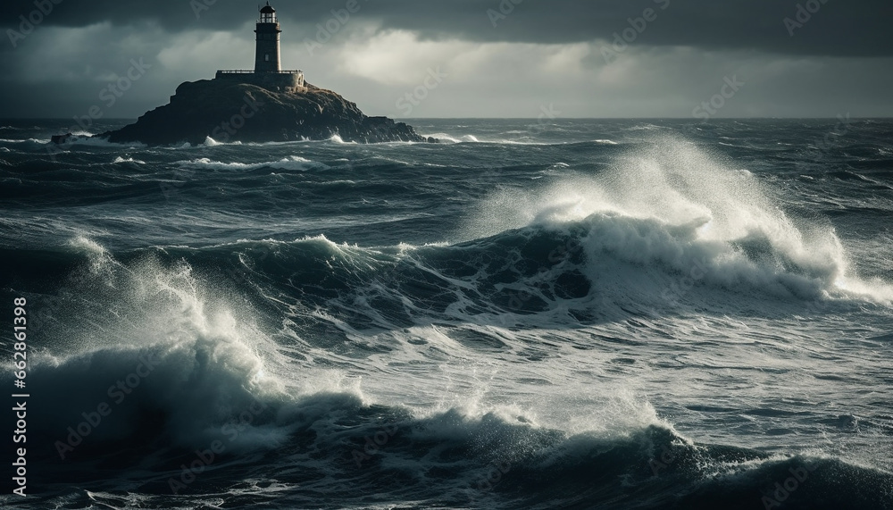 Breaking waves crash against rocky coastline, danger in rough seas