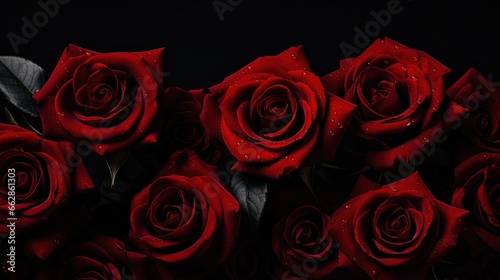 Elegant Depth: Red Roses with Dew Drops on Black Background