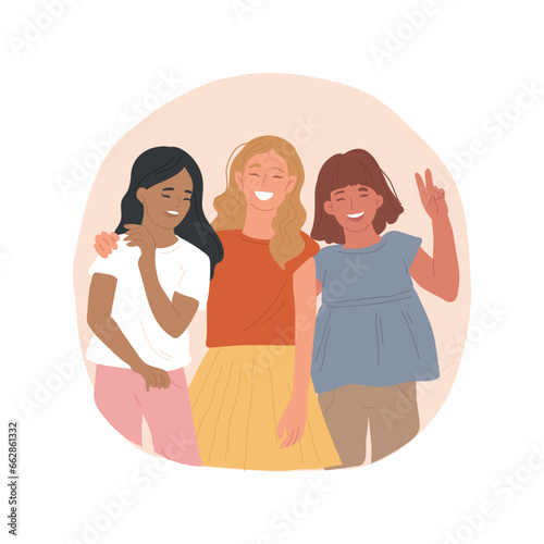 Joy isolated cartoon vector illustration. Attractive diverse girls laughing, showing emotion, teens social skills, adolescents joy mood, teenager models posing near wall vector cartoon.