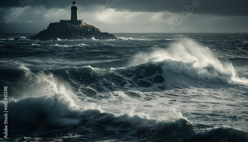 Breaking waves crash against rocky coastline, danger in rough seas