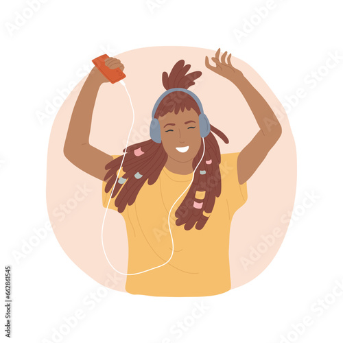 Relaxing isolated cartoon vector illustration. Dreamy girl listening music on headphones, teenager having relaxed mood, stay at home, teen emotion, adolescents psychology vector cartoon.