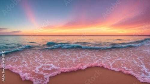 Photographie A Beach With Waves And A Pink Sky
