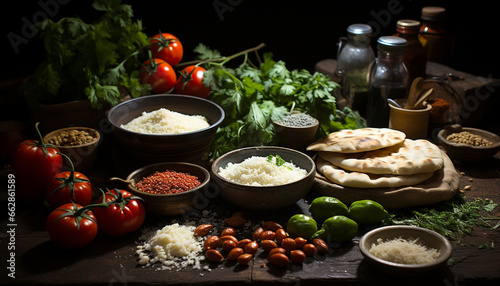 Freshness on a wooden table, a healthy meal with organic vegetables generated by AI