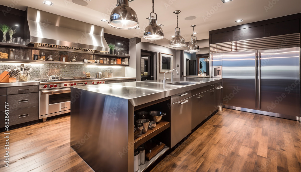Modern luxury kitchen design with stainless steel appliances and marble flooring Modern luxury kitchen design with stainless steel appliances and marble flooring
