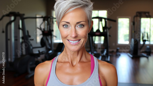 Portrait of fit mature female in gym. Confident smile. Looking at camera.
