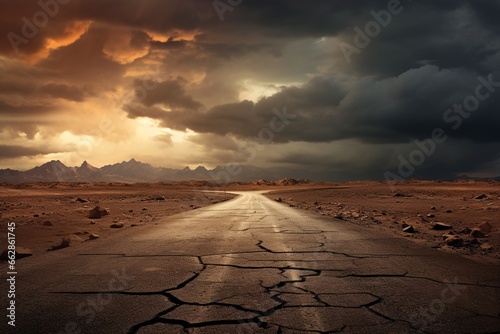 A cracked highway in a deserted. photo