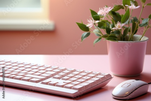 Computer keyboard with mouse in pink desk.