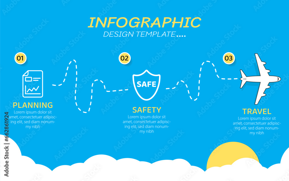 Infographic design template. Timeline concept with 3 options or steps template. layout, diagram, annual, airplanes, travel, report, presentation. Vector illustration. - obrazy, fototapety, plakaty 