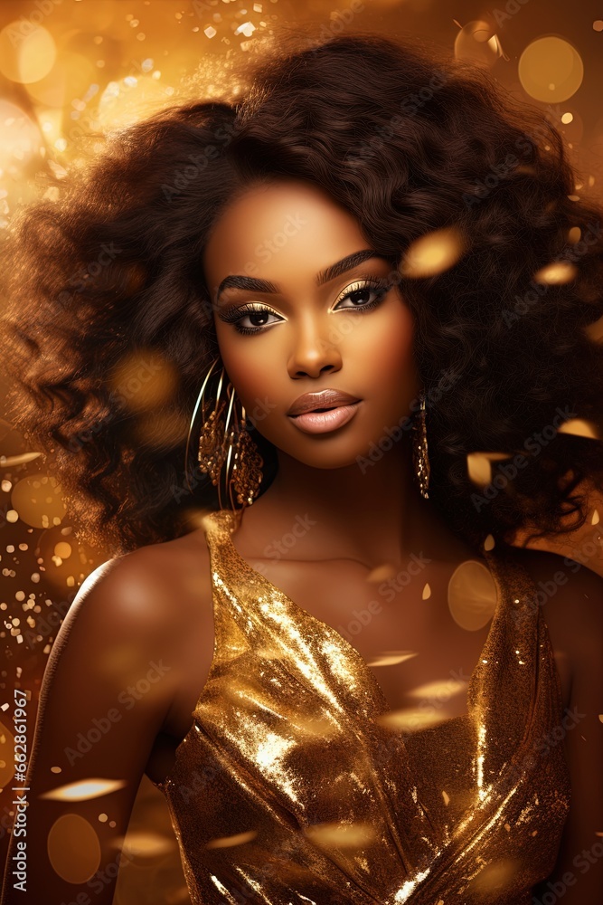 African American woman in gold dress on golden sparkling background. African American woman in gold dress on golden sparkling background.