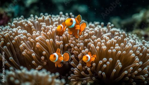 Colorful clown fish swim in harmony among multi colored coral reef