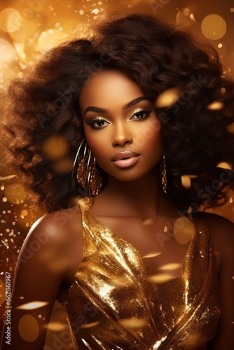 African American woman in gold dress on golden sparkling background. 