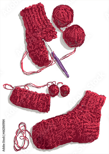Hand drawing of crocheted red woolen socks